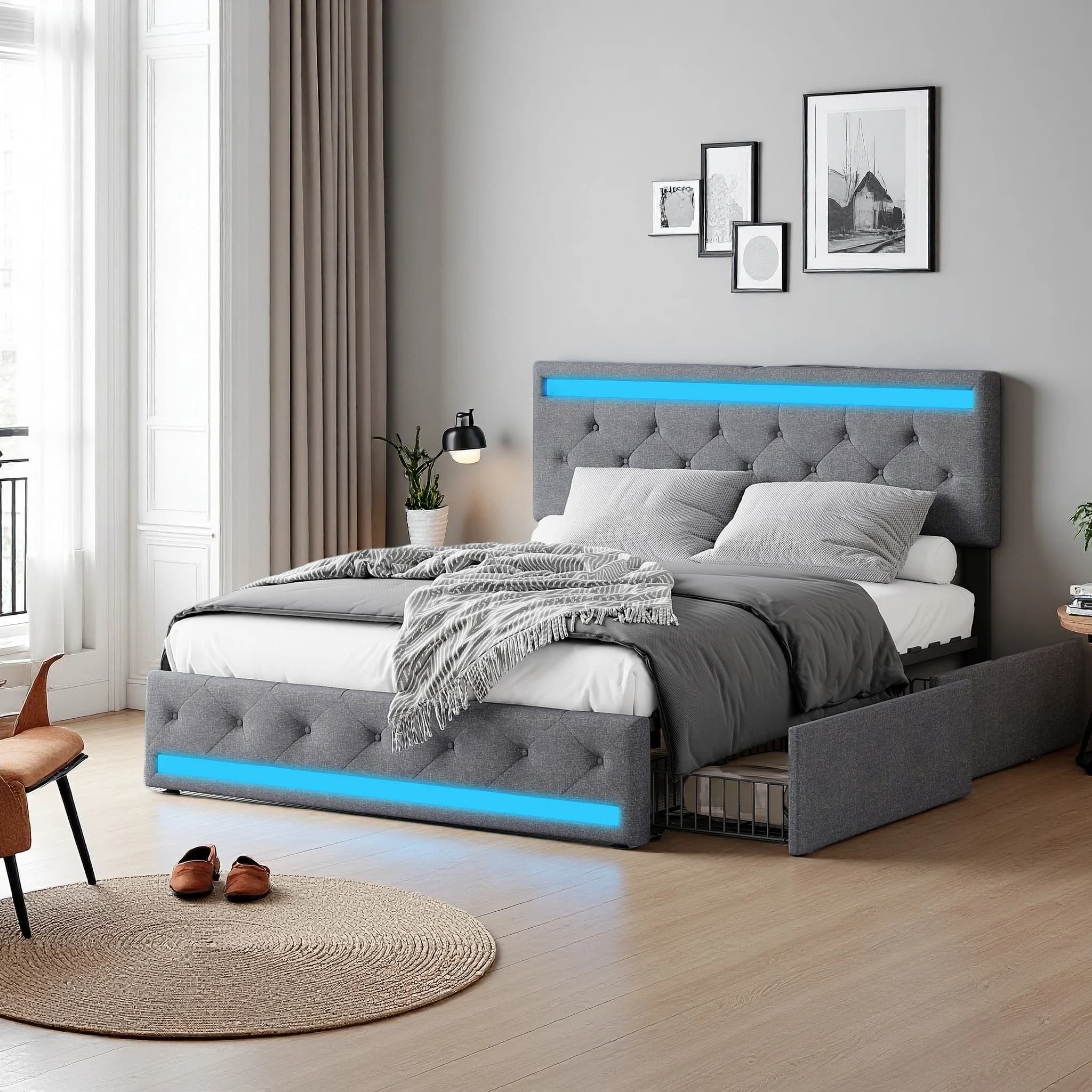 Doppelbett, 180x200 cm, mit LED-Beleuchtung, 4 Rollschubladen und USB-Ladeanschlüssen, Gepolstertes Bett mit Stauraum