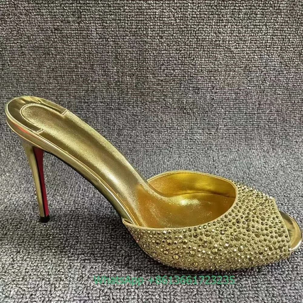 Kristall bling bling Frauen Hausschuhe Slip-On Peep Toe Stiletto Ferse glänzende Sandalen Sommer Mode Party Strass sexy Folien