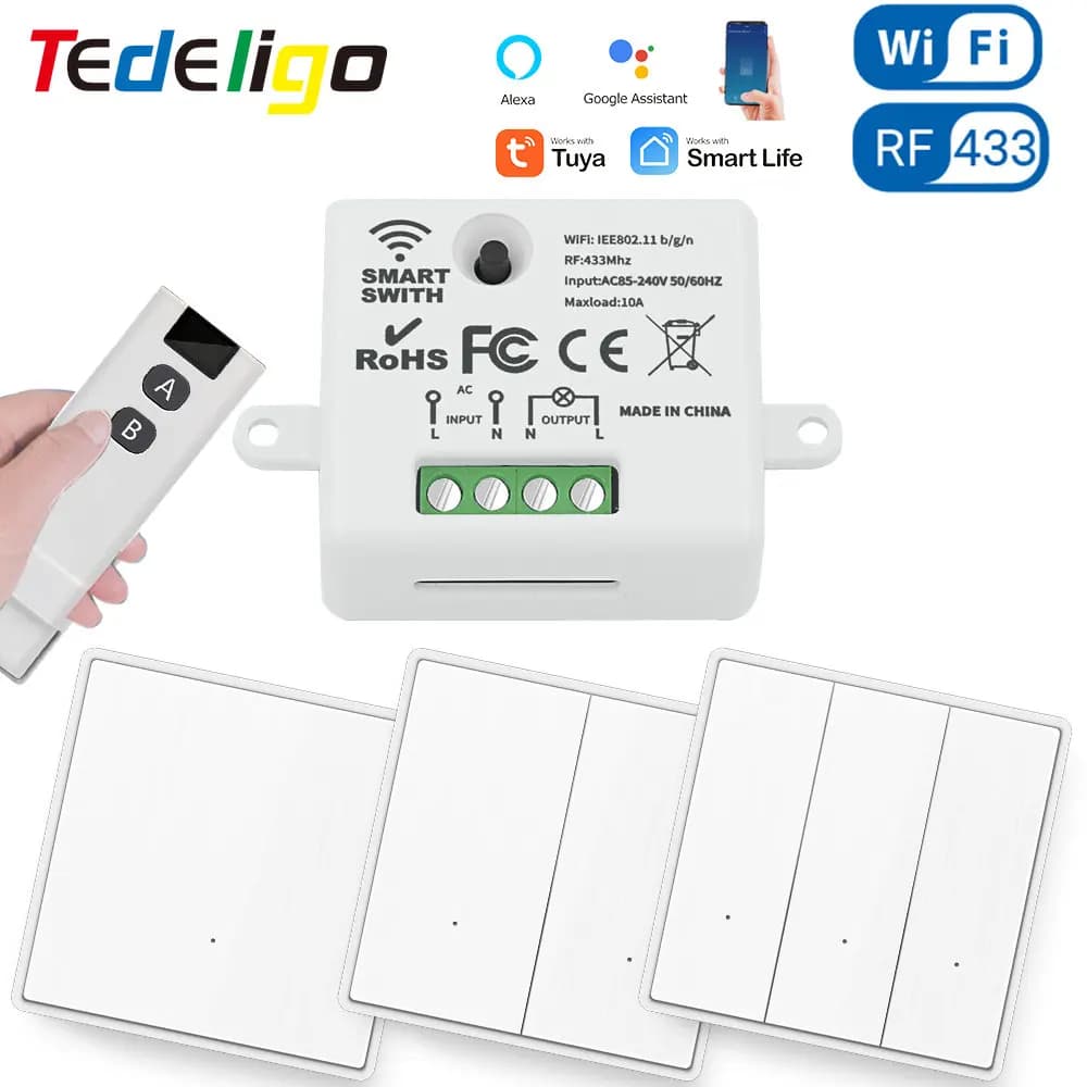 Tuya WiFi RF Lichtschalter Drahtloser Druckknopf-Wandschalter Fernbedienung, 110V 220V 10A Zeitsteuerungsmodul für Alexa, Google Home