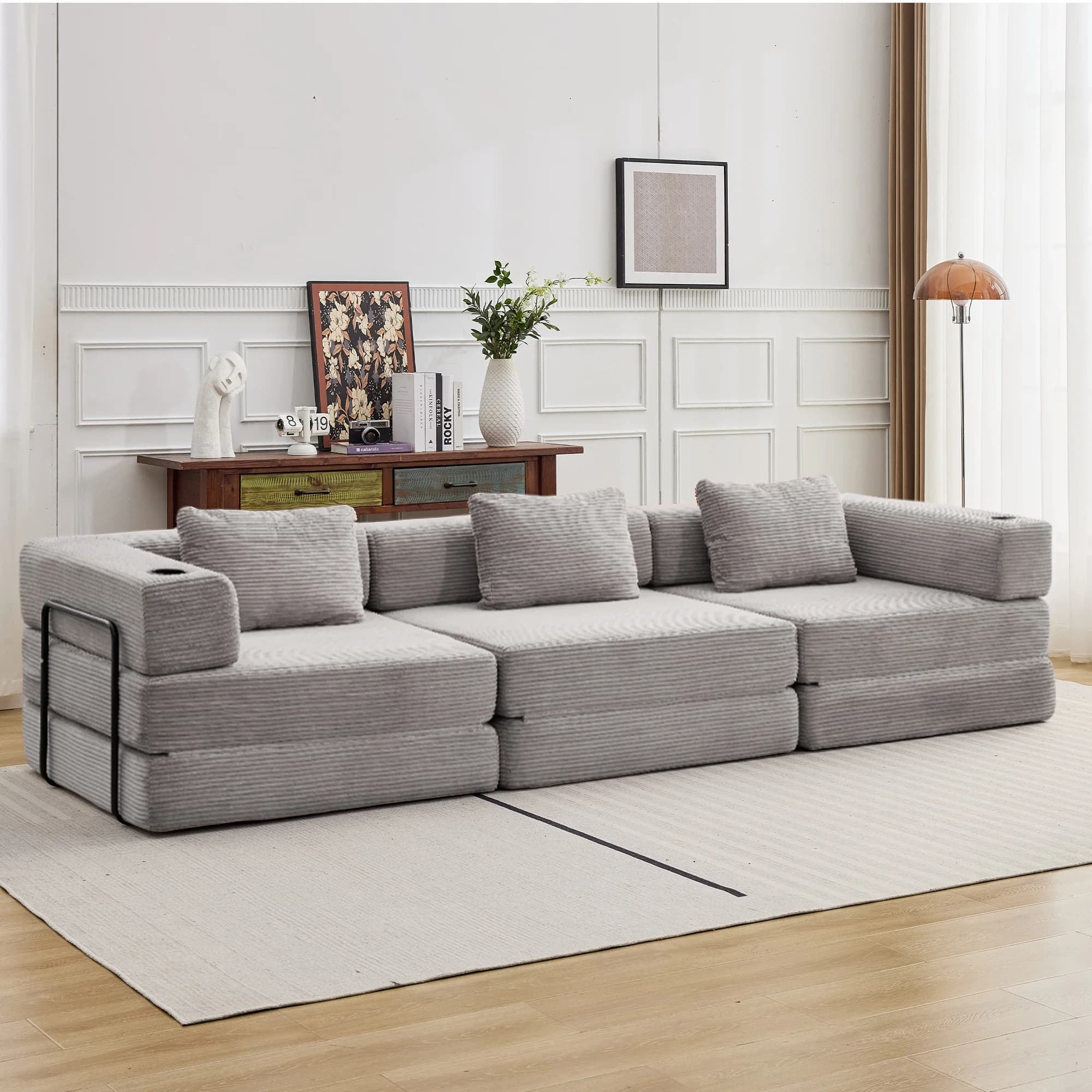 3-Sitzer Schlafsofa, Keine Montage Erforderlich, Faltbare Bodencouch, Umwandelbar in Geräumiges Bett, Mehrpersonen-Cordsofa für Wohnzimmer