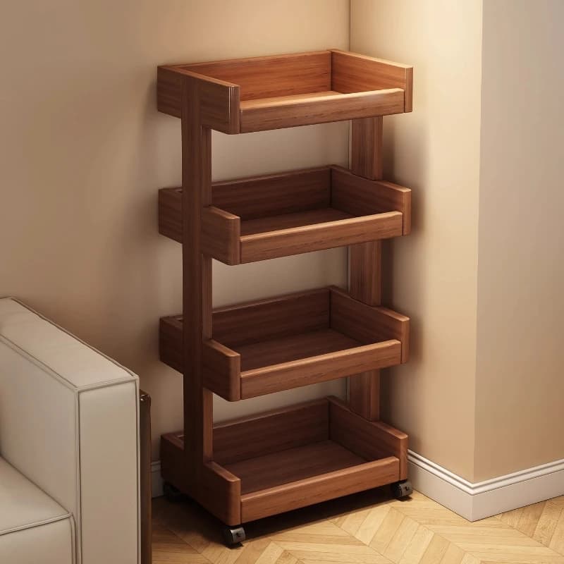 Mehrschichtige Regale aus Massivholz, Bücherregale, vom Boden bis zur Decke reichendes abnehmbares L-Sofa, seitliche paar Trolleys für den Haushalt,