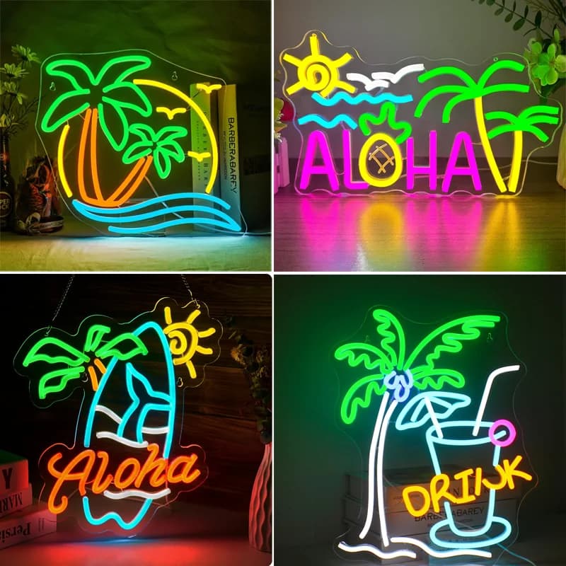 Kokosnussbaum Delphin Neon Schild Logo Wanddekoration Tropische Hawaii Sonnenwellen Ananas Hawaii Party Tiki Bar Strand Party Geburtstag
