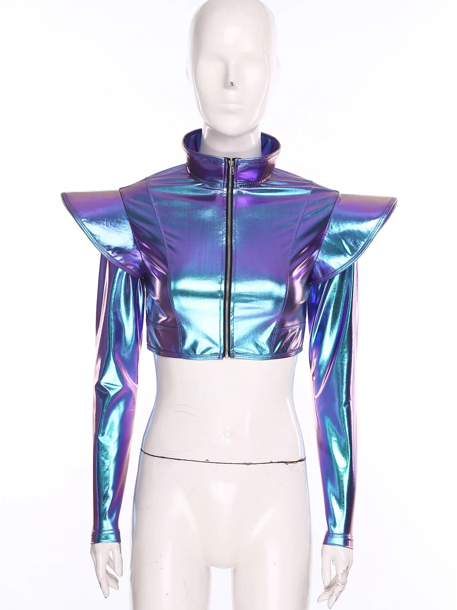 Damen-Kurzjacke, glänzend, metallisch, langärmelig, holografischer Stehkragen, Reißverschluss vorne, schmale Passform, bauchfreies Top für