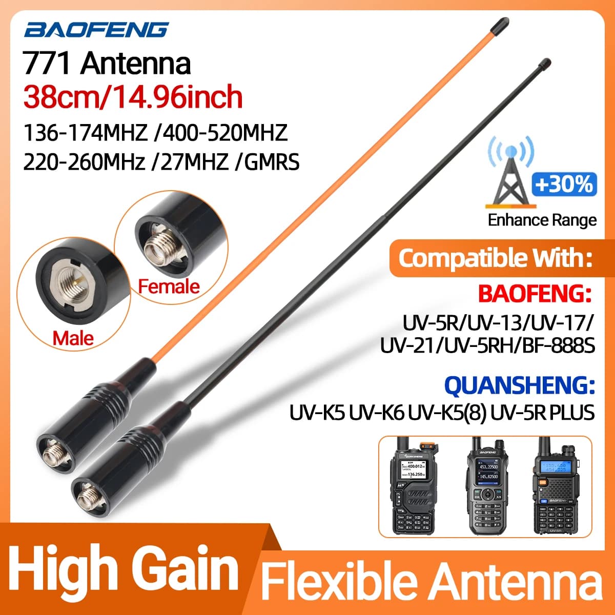 ABBREE Walkie Talkie Antenne SMA Weiblich Männlich VHF UHF Band Tri-Band GMRS für BaoFeng UV-5R BF-888S Quansheng UV-K5 K6 Ham Radio