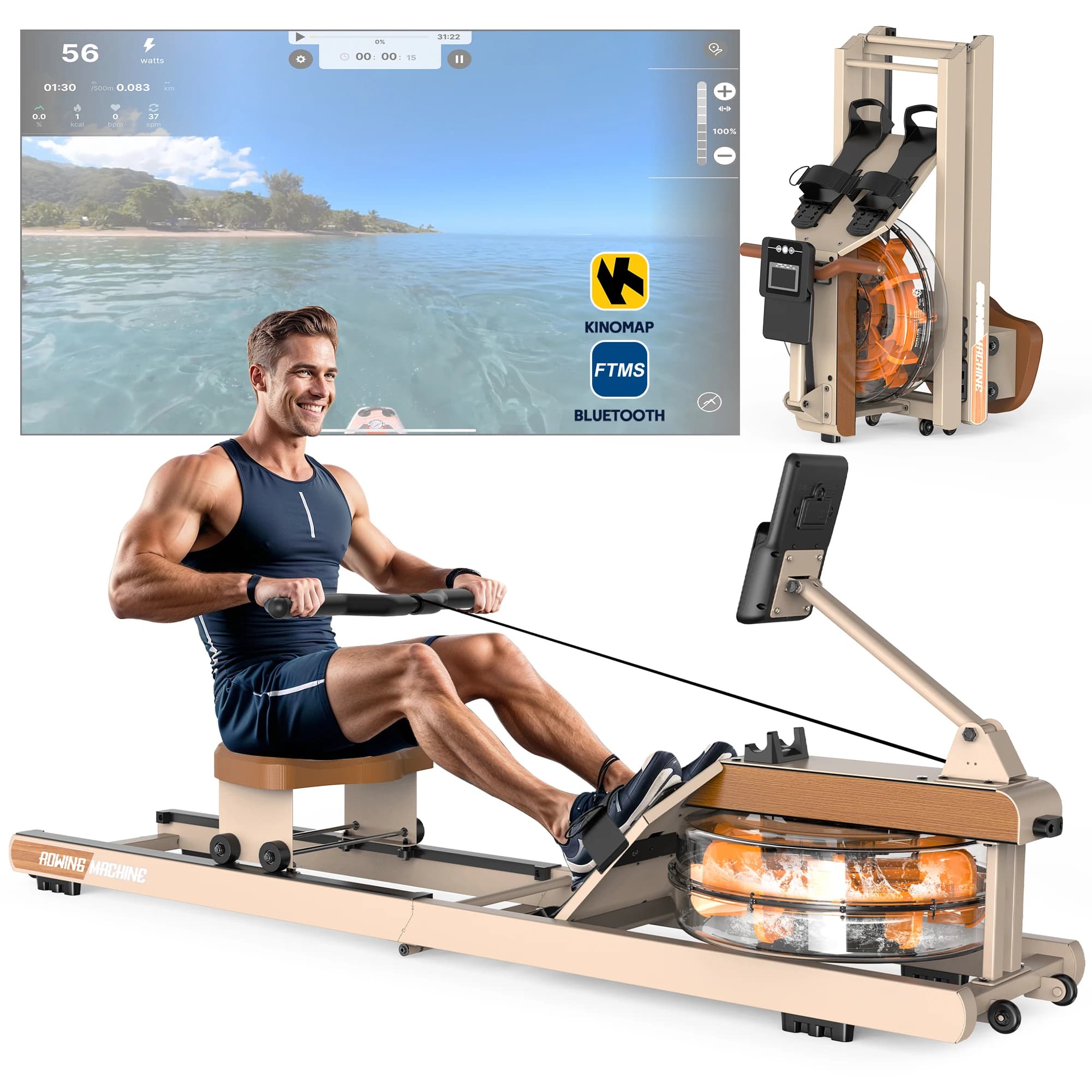 Faltbares Wasser-Rudergerät |   160KG Traglast |   Bluetooth-Monitor |   180 °   Klappbares Heimtrainer-Rudergerät mit Aufbewahrungsrädern