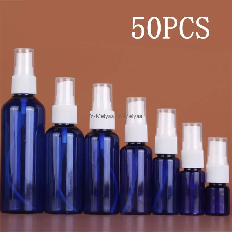 50PCS Blau PET Kunststoff Parfüm Flasche Nachfüllbare Flasche Zerstäuber Leere Spray Flasche Feinen Nebel Alkohol Flasche 10/20/30/50/100ml