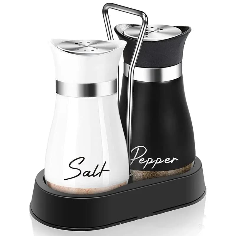 Küchenglas-Gewürzflasche, verstellbar, nachfüllbar, Salz- und Pfefferstreuer, 2-teiliges Set mit Regal, Gewürzspender mit Ausgießlöchern