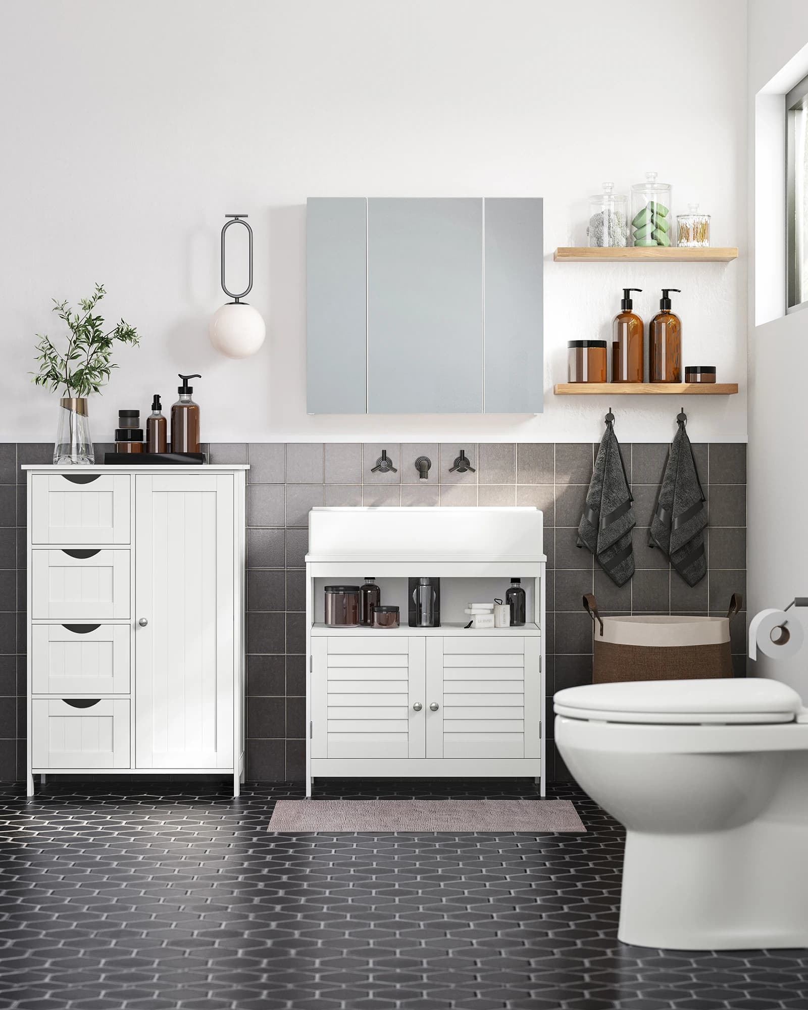 VASAGLE Badezimmerschrank, schmaler Badschrank, Beistellschrank, Kommode, mit 4 Schubladen, Schranktür, verstellbare Ablage