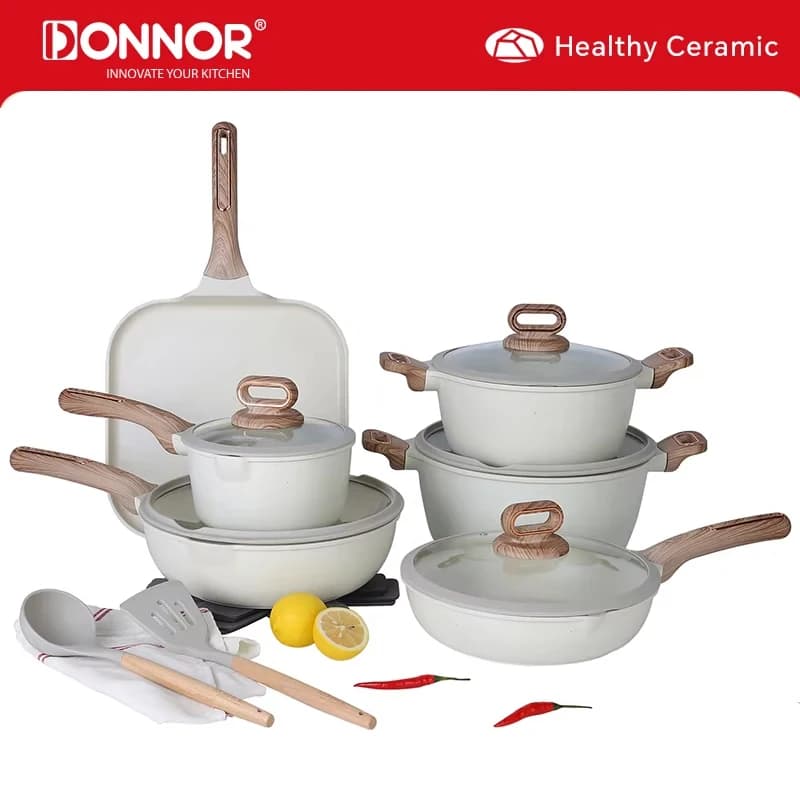 DONNOR 16-teiliges Kochgeschirr-Set, antihaftbeschichtet, Töpfe und Pfannen-Set, Küchen-Kochset mit kühlenden Griffen und Topfschutz JT452