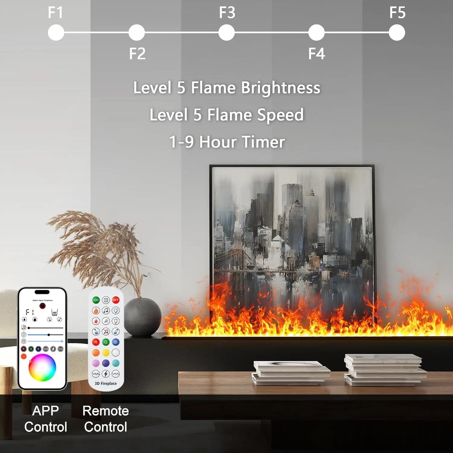 3D-Zerstäubungskamin, geeignet für das Wohnzimmer, mehrfarbige simulierte Flamme, intelligenter Kamin, ferngesteuerter Dampfkamin für Zuhause.