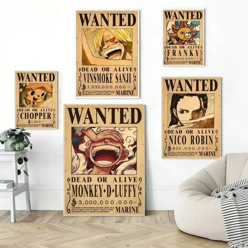 Anime One Piece Wanted-Poster Leinwanddruck Wandkunst Luffy Sanji Chopper Robin Franky Druck für Fan-Zimmer-Dekoration