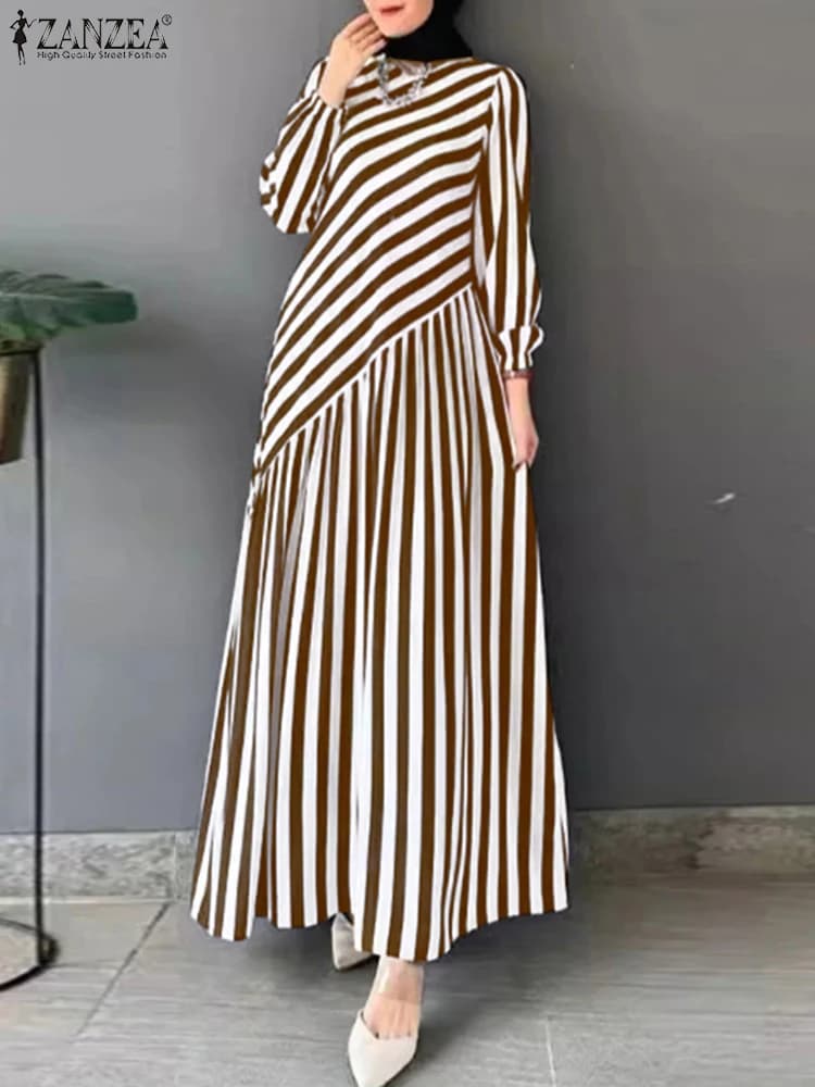 ZANZEA 2023 Mode Herbst Streifen Kleider Frauen Elegante Stilvolle Langarm Party Kleid Arbeit Vestidos Moslemisches Abaya Robe Femme