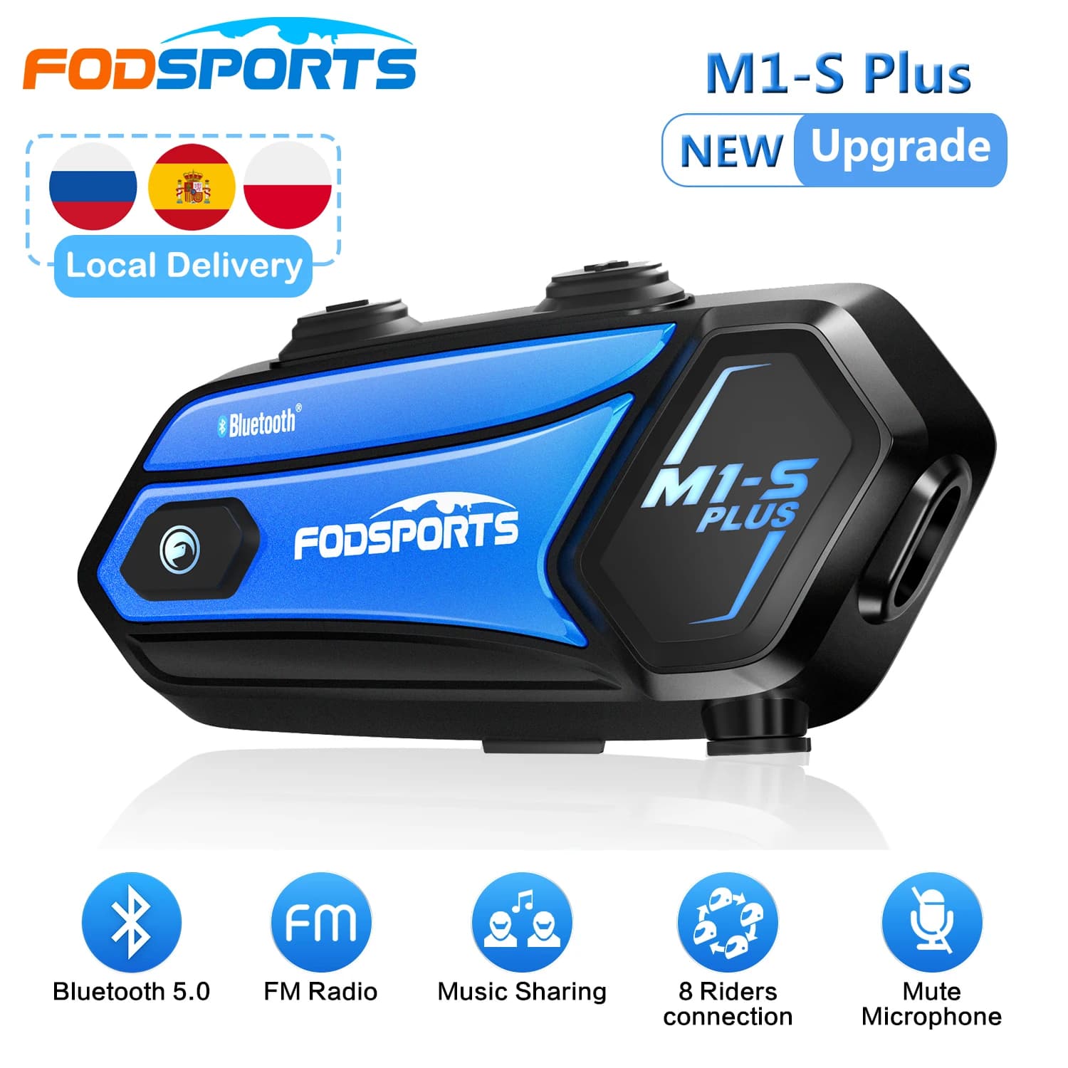 Fodsports M1-S Plus Motorrad-Gegensprechanlage, Bluetooth-Helm-Headset, 10-Fahrer-Kopplung, Musik, Teilen, Intercomunicador Moto Interphone