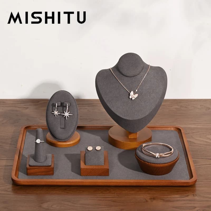 MISHITU Schmuckständer aus massivem Holz, für Ringe, Ohrringe, Halsketten, Armbänder, Schmuckständer für Schaufenster
