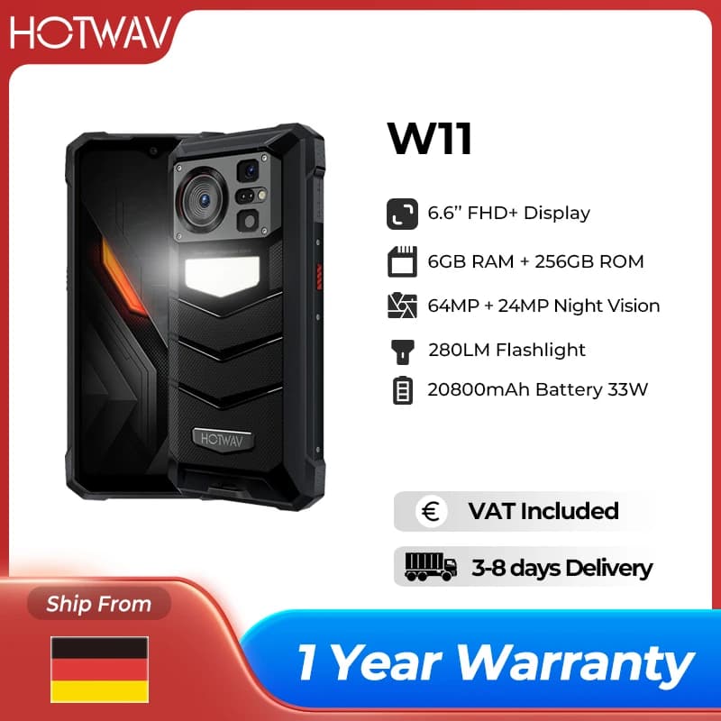 HOTWAV W11 Robustes Smartphone 280LM Taschenlampe 20800mAh 33W 6,6'' FHD+ 64MP Hinten 24MP Nachtsicht 12(6+6)GB 256GB Mobiltelefon