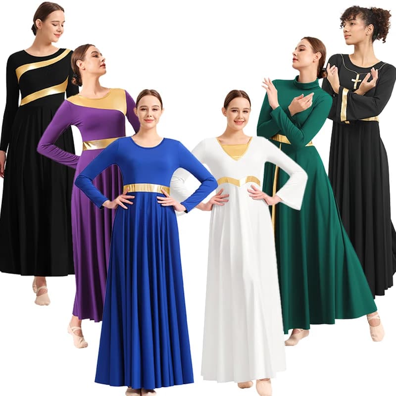 Lobpreis-Tanzkleid für Damen, lange Schaukel, liturgische Anbetung, Kirchenrobenkleid, lyrische Tanzbekleidung, metallisches Spleißen, frei
