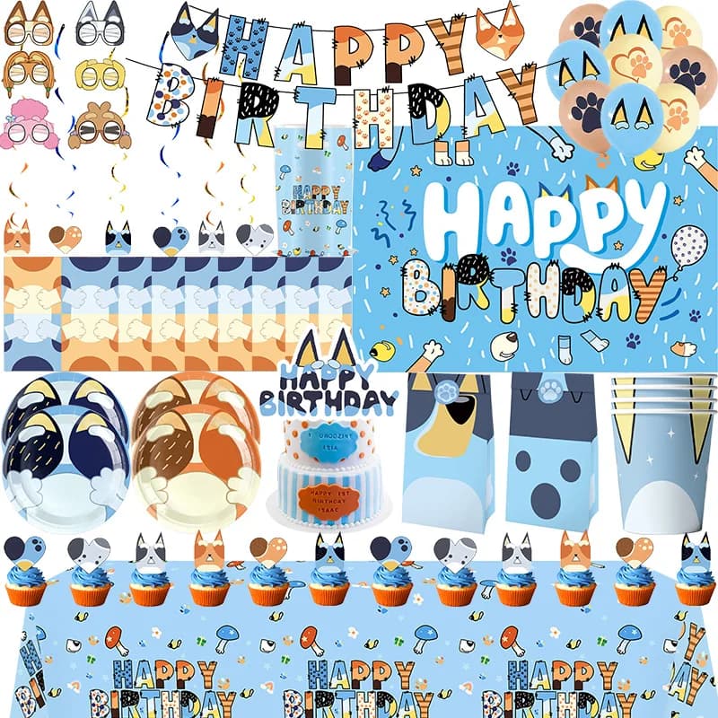 Neue Cartoon Hunde Geburtstag Party Dekoration Vollen Satz Kit Blau Hund Alles Gute Zum Geburtstag Teller Servietten Tassen Geschirr Liefert Kid Favor