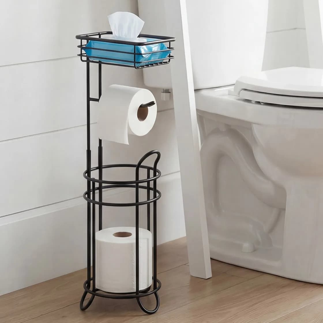 Freistehender Toilettenpapierhalter aus Eisen, Rostfreier Badezimmer-Taschentuchspender mit Ablage