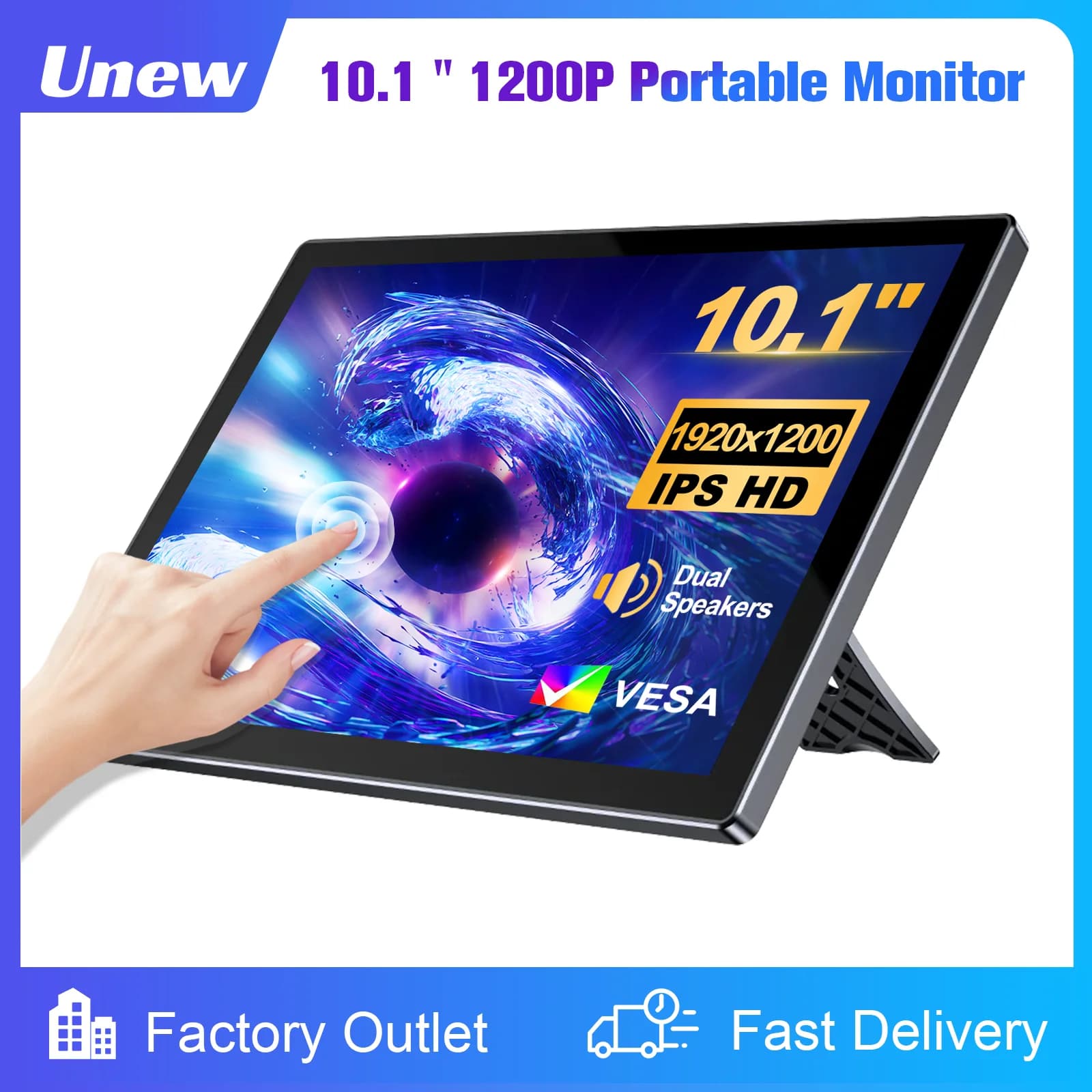 10,1 Zoll tragbarer Touch-Monitor 1920 x 1200 Bildschirm IPS LCD 5-Punkt-Touchscreen Dual-Lautsprecher Typ C HDMI USB-C für Autocomputer