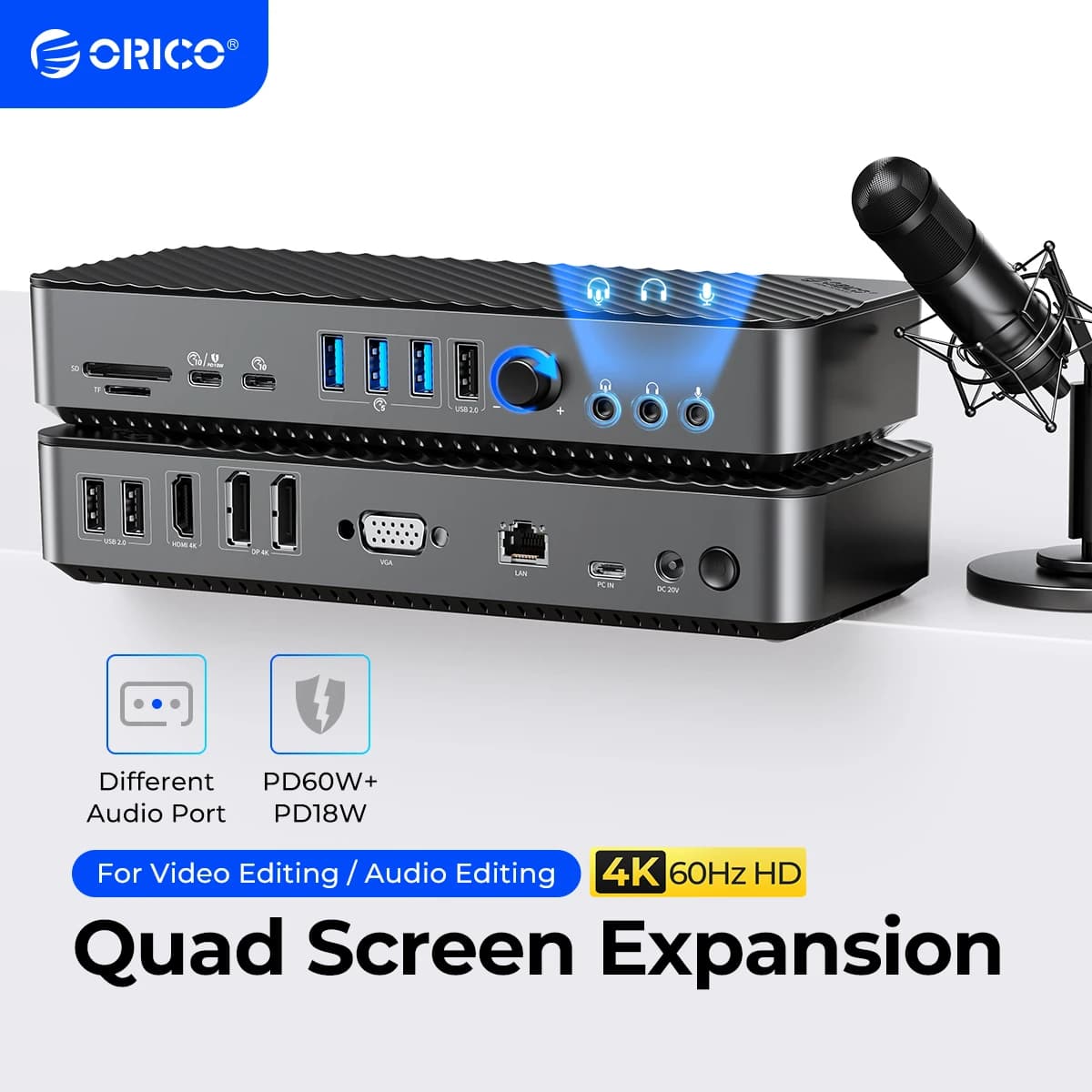 ORICO USB C Dockingstation Typ C auf 4K60Hz DP HDMI-Com 5 verschiedene Anzeige RJ45 PD 20 in 1 Mult Audio 5 Gbit/s HUB für Desktop