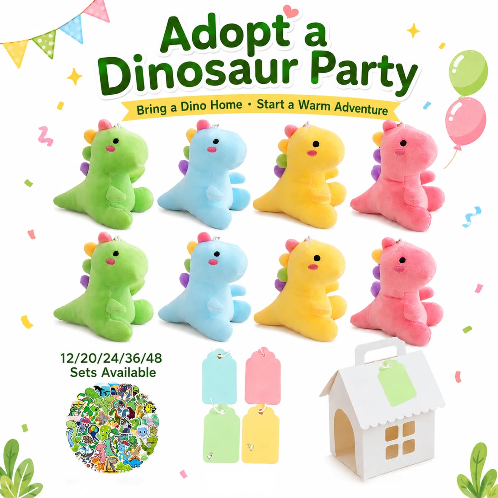 12-48 Sets DIY Dinosaurier-Party-Geschenke, Dinosaurier-Plüschtiere, Geschenkbox, Aufkleber, Adoptionskarte für Adopt A Pet Geburtstagsdekoration