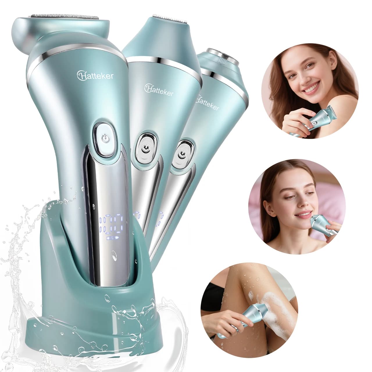 Hatteker 3-in-1-Elektro-Epilierer für Damen, Rasierer für Beine, Arme, Unterarme, Bikini, Haarentfernung, nass/trocken, wiederaufladbarer