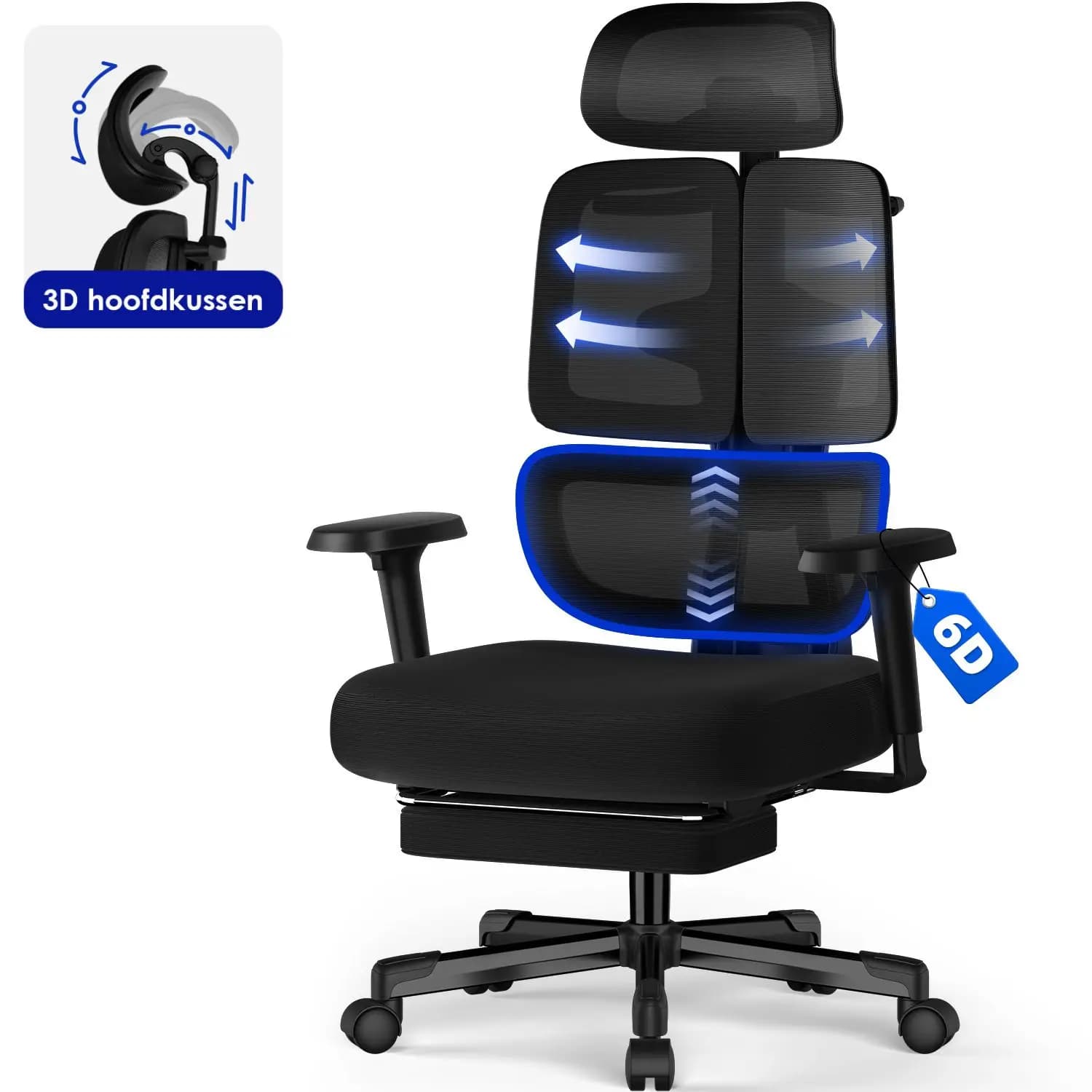 AUTHMIC Premium Ergonomischer Bürostuhl mit 6D-verstellbaren Armlehnen, 3D-Kopfstütze, 3-Zonen-Rückenlehne, 200 kg Tragkraft, Liegestuhl 90 ° -160
