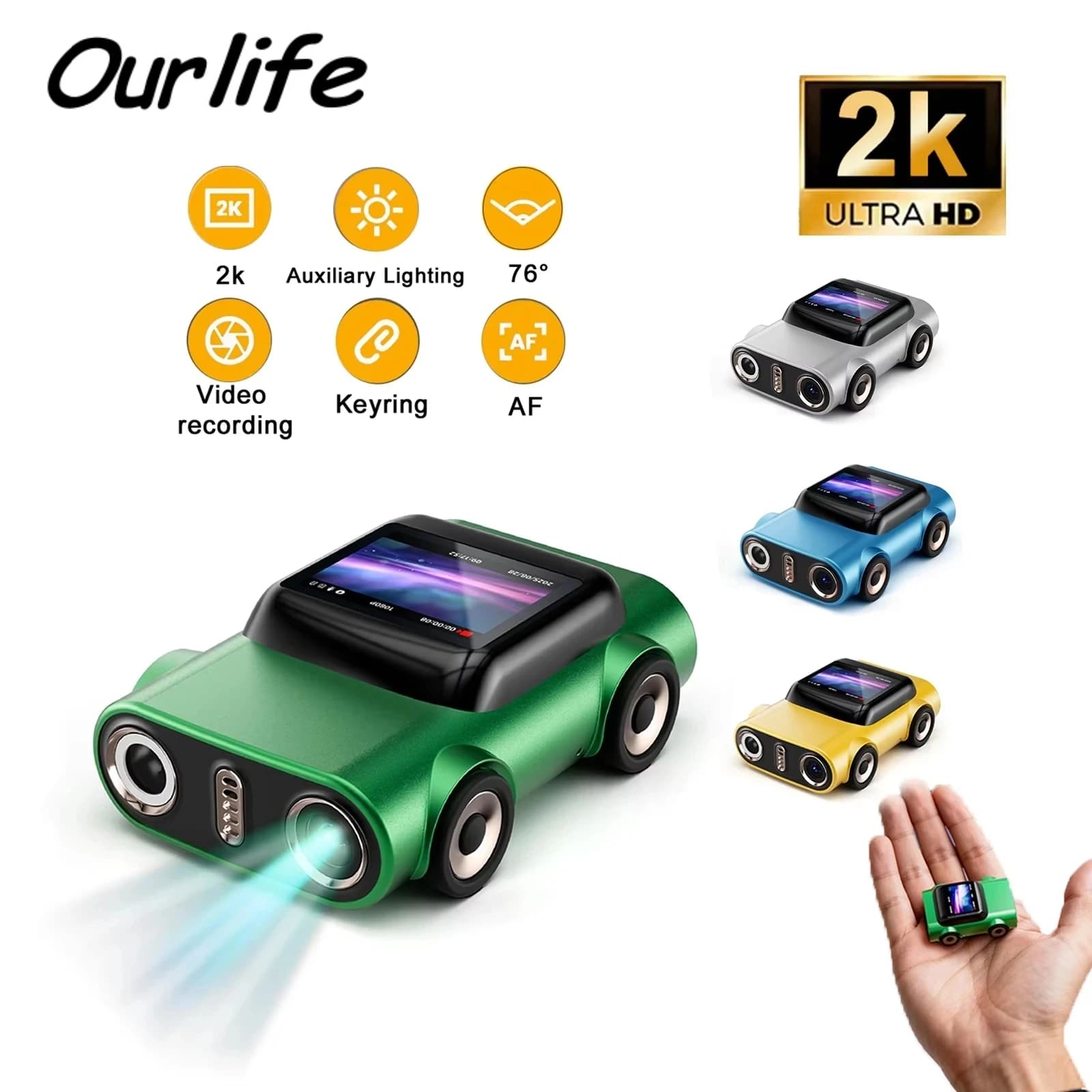 Ourlife Schlüsselanhänger-Kamera mit 1,0-Zoll-LCD-Bildschirm, Mini-Actionkamera im Retro-Stil, unterstützt Speicher, 2K, sehr kleiner Camcorder,