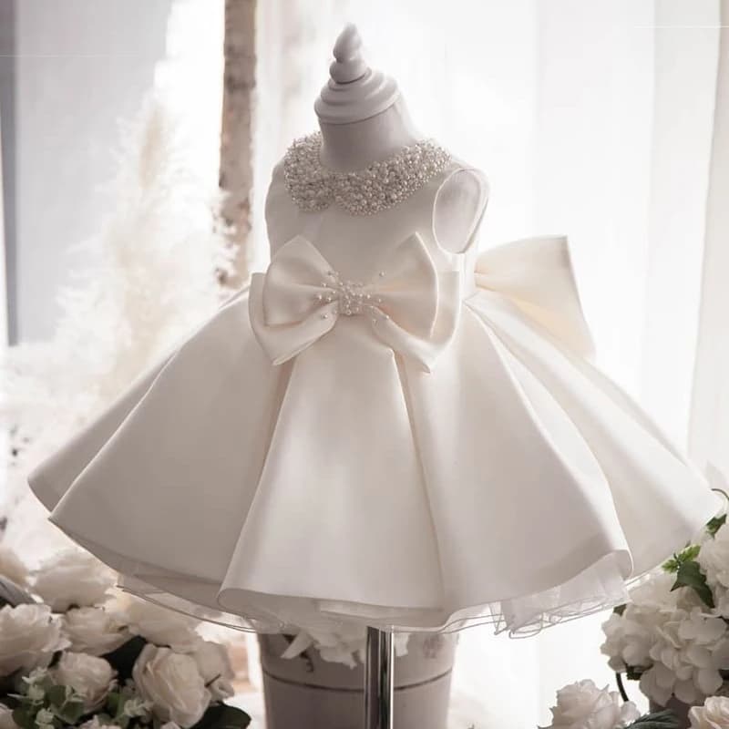 Weißes Hochzeits-Satin-Prinzessin-Baby-Kleid für Kleinkinder, große Schleife, 1. Jahr, Geburtstag, Taufe, Partykleid für Mädchen, Brautjungfer,