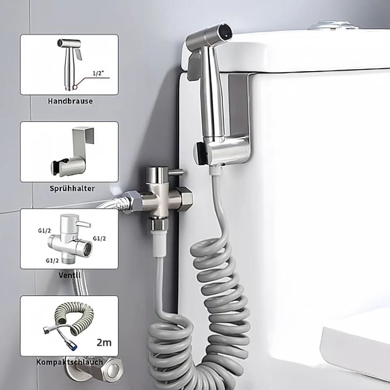 Hand-Bidet-Toilettensprühgerät-Set, Spritzpistole aus Edelstahl mit 3-Wege-Ventil, Faltenbalg. Wird zum Baden von persönlichen Hygiene und