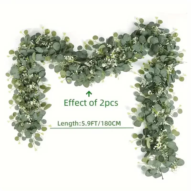 Üppige 70,8-Zoll-Kunst-Eukalyptus-Girlande mit weißen Blumen – perfekt für Heim- und Urlaubsdekoration, Wandbehang, Hof- und Partyakzente