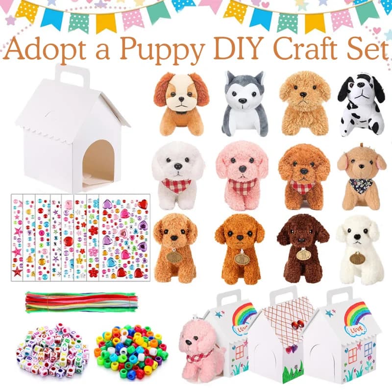 12-36 Sets DIY Adopt A Puppy Party-Geschenke: Gestalte dein eigenes Stofftier – Adopt Me Spielzeug-Set mit Hundehütten-Perlen und Halsketten