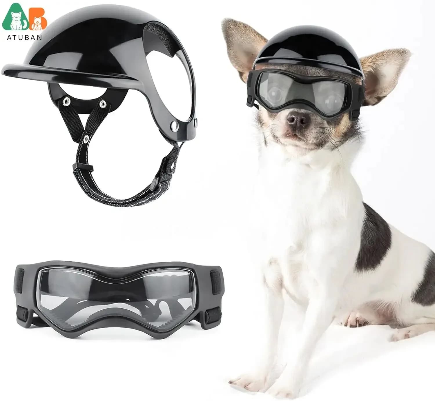 ATUBAN Hundehelm und Hundebrille für kleine Hunde – Haustier, Motorradhelm, Mütze mit Ohrlöchern, verstellbare Träger für Welpenreiten