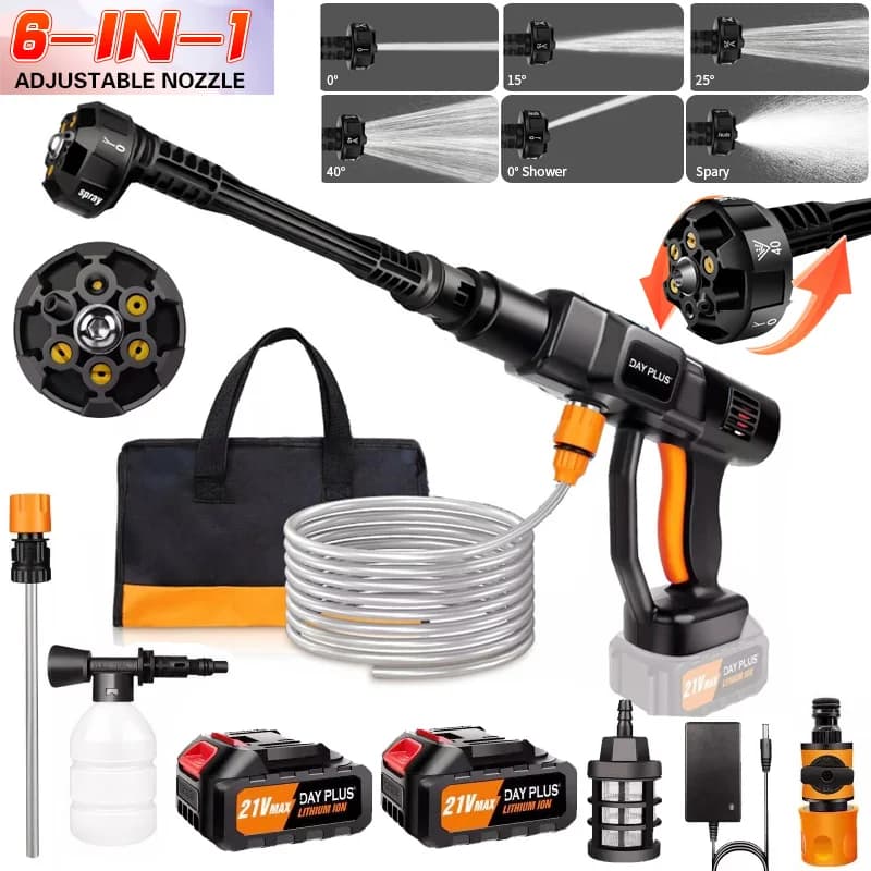 BRIEFNESS Kabelloser Hochdruckreiniger 21V, Tragbarer Reiniger mit Batterien, 5M Schlauch, 6-in-1 Hochdruckdüse für Auto, Fahrrad, Garten