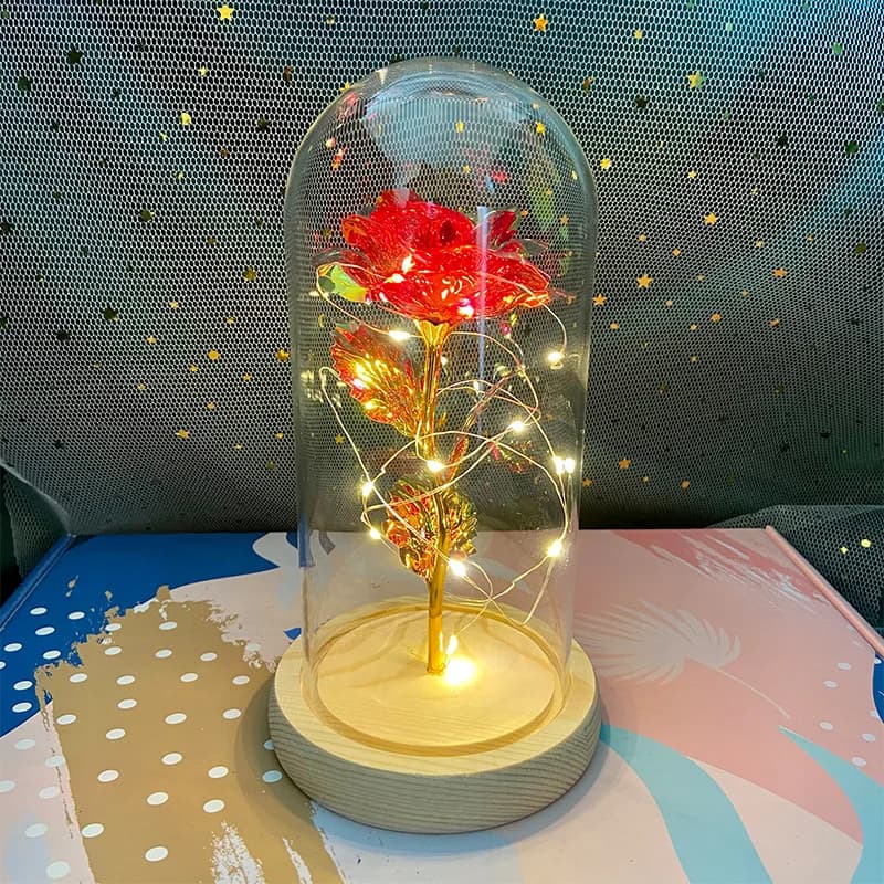 Führte Valentinstag Geschenk für Freundin ewige Rose Licht 24 Karat Goldfolie Blume in Glas abdeckung Muttertag Hochzeit Brautjungfer Geschenk