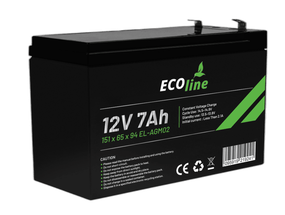 EcoLine - AGM 12 V 7 Ah - 7000 mAh VRLA-Batterie - 151 x 65 x 94 - Deep-Cycle-Batterie