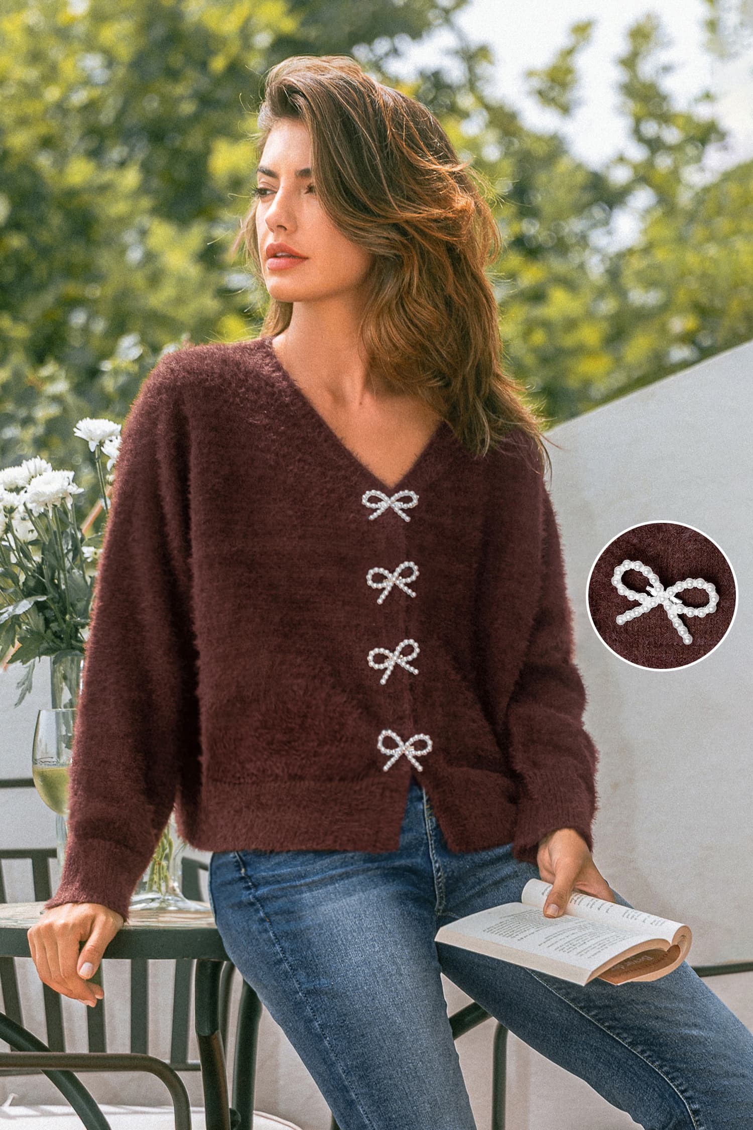Braune V-Ausschnitt Strickjacke