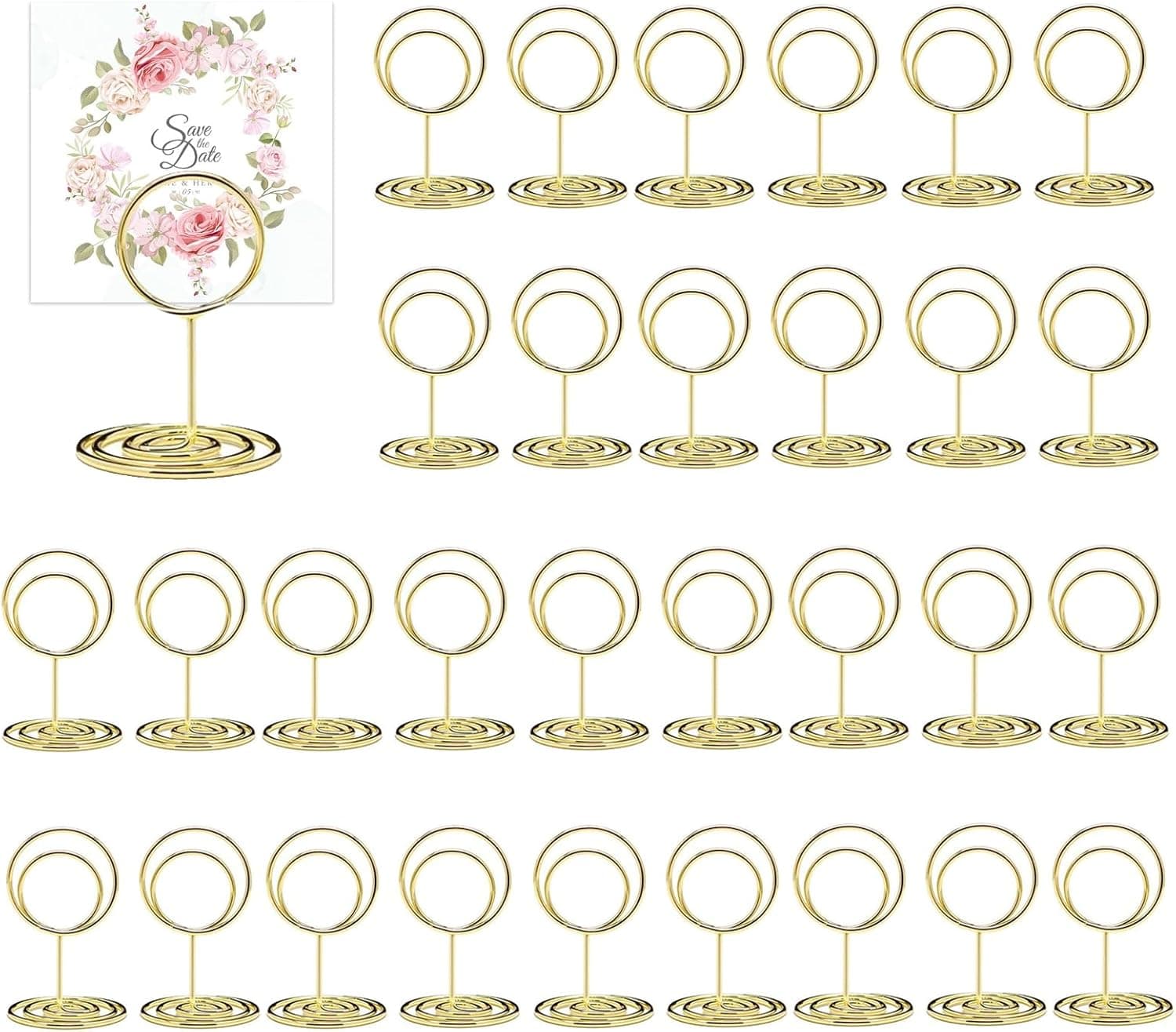 30 Stück Goldene Tischnamenhalter, Rund, Metall, Goldfarben, Sockel, Tischständer, Fotohalter