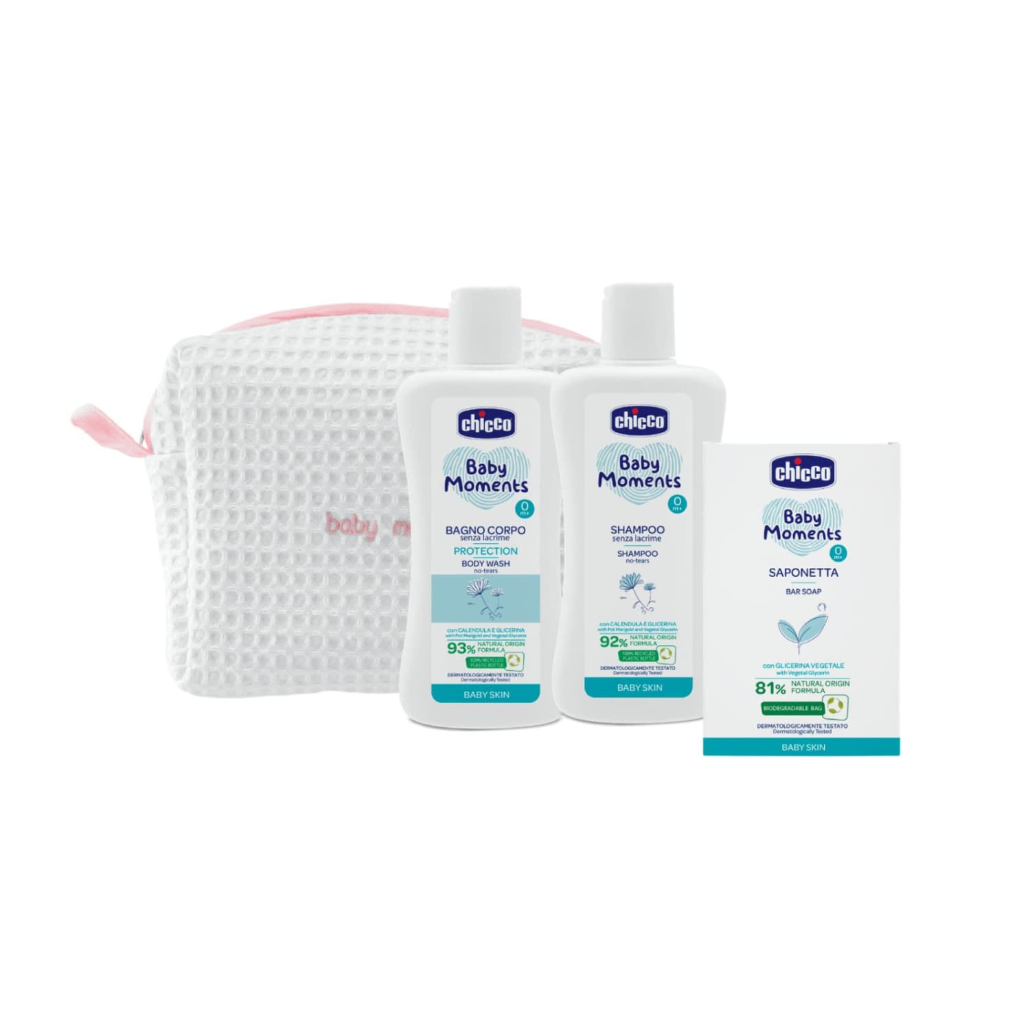 Chicco Baby Moments Beauty-beutel Mit Reißverschluss Rosa - Duschgel 200ml + Shampoo 200ml + Seife 100g