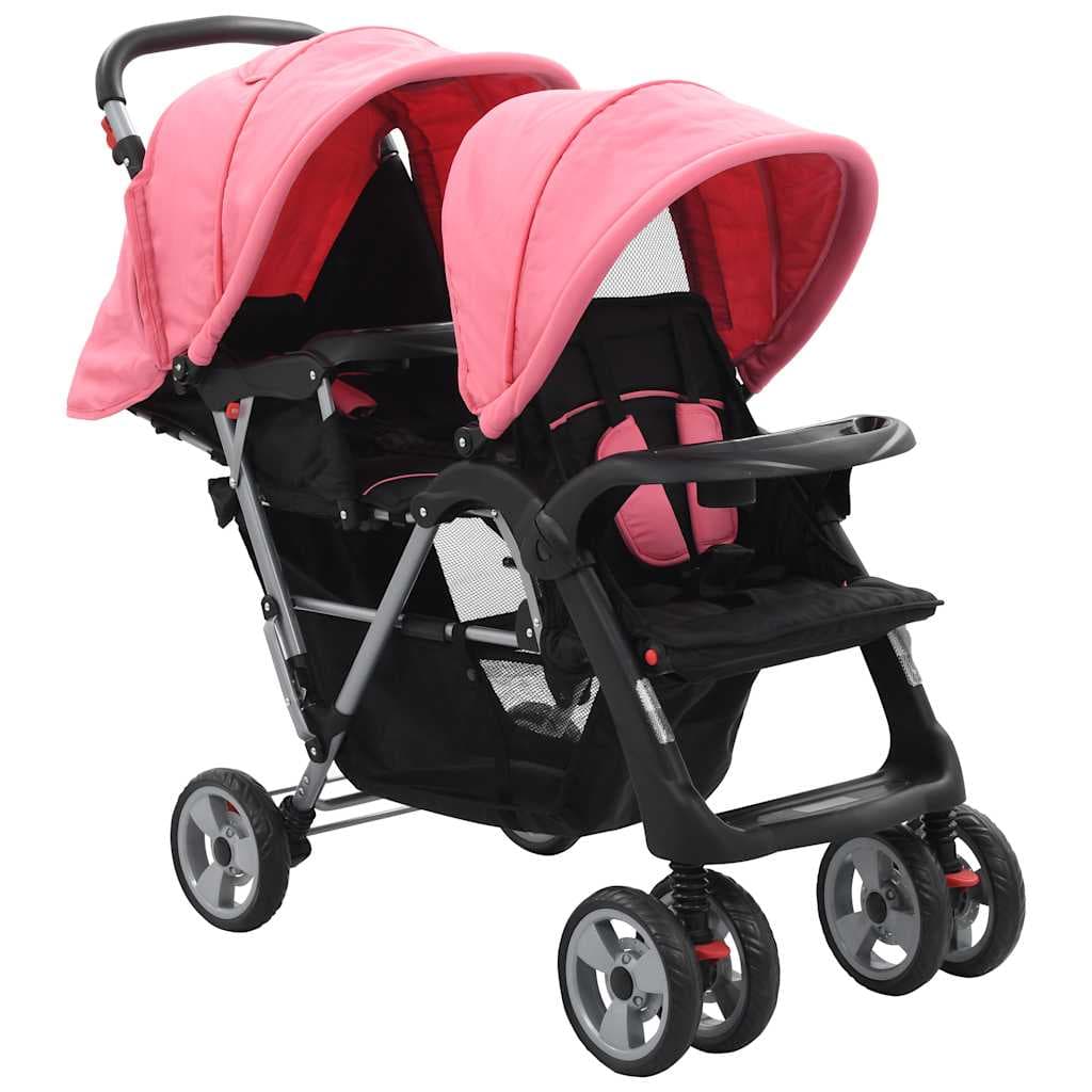 Tandem-kinderwagen Stahl Rosa Und Schwarz Vidaxl