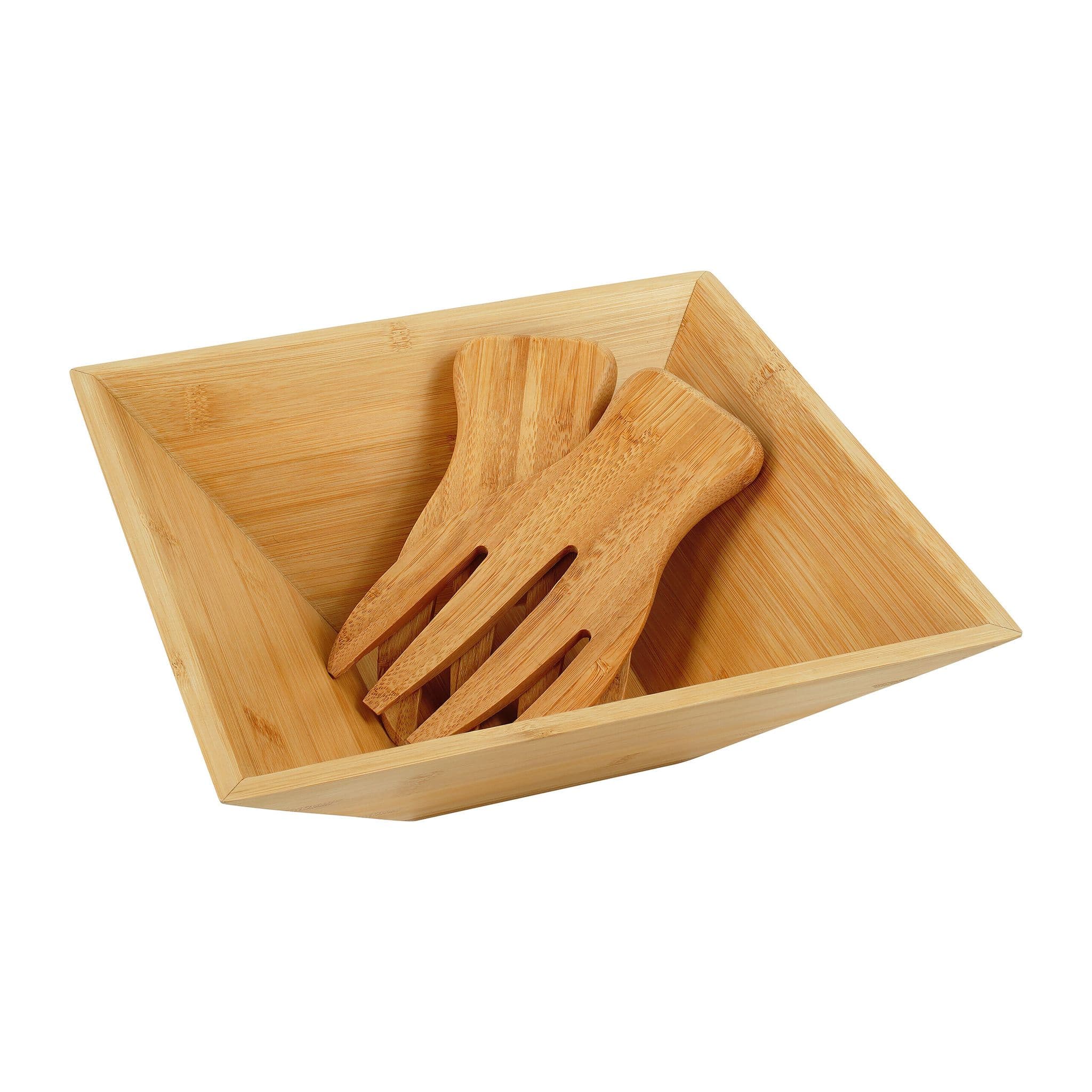 Relaxdays Salatschüssel, Bambus, Salatbesteck, Salat, Obst, Snacks, Hxbxt: 28x28x10cm, Eckige Servierschüssel, Natur