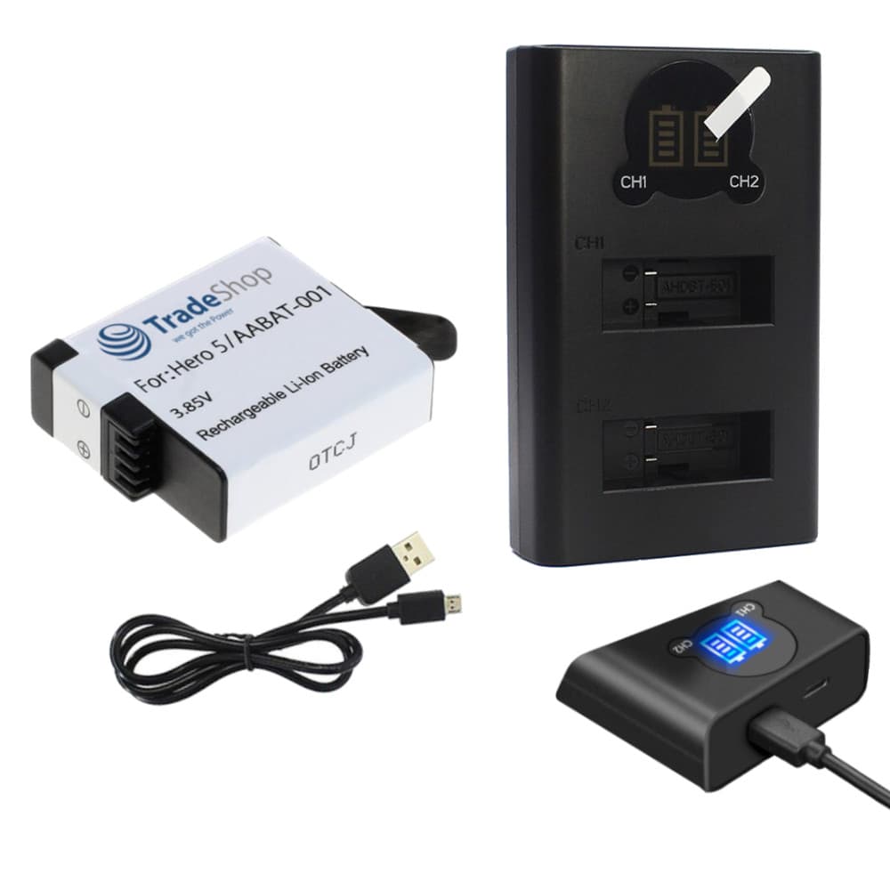 Trade-shop 2in1 Set: 2x Akku 1250mah + Usb-c Doppel Dual Lcd Ladegerät Ladestation Für Gopro 025416 421850 Ahdbt-701 Ahdbt-801 Gop004 Iec 62133 Is