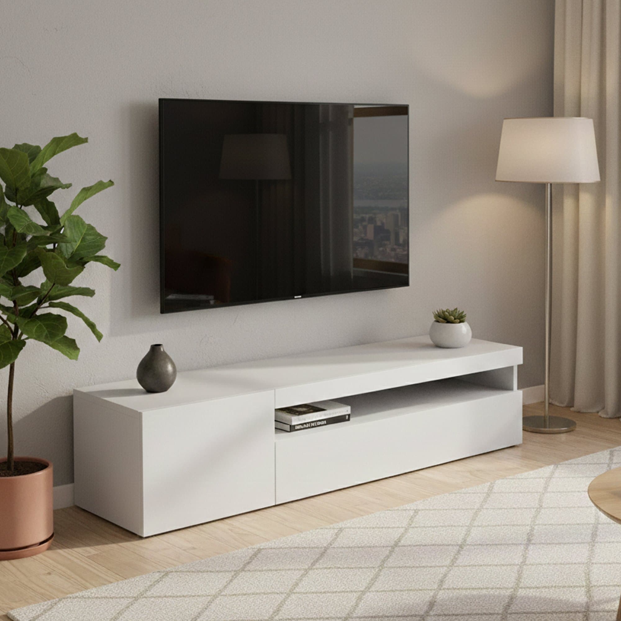 Fernsehschrank Dmangoni, Niedriges Sideboard Für Wohnzimmer Mit 2 Türen, Sockel Für Tv-möbel, 100 % Made In Italy, Cm 150x40h37, Glänzend Weiß -