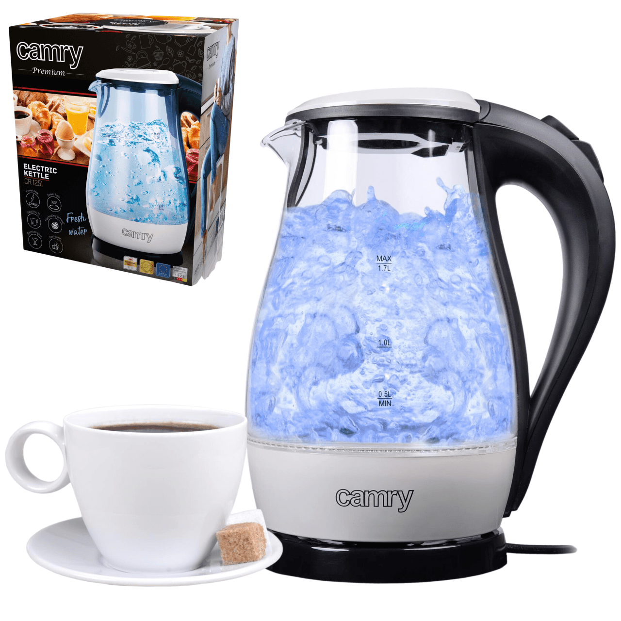 Camry  Cr 1251  Standard-wasserkocher  2000 W  1,7 L  Glas  360° Drehbarer Sockel  Glas/schwarz