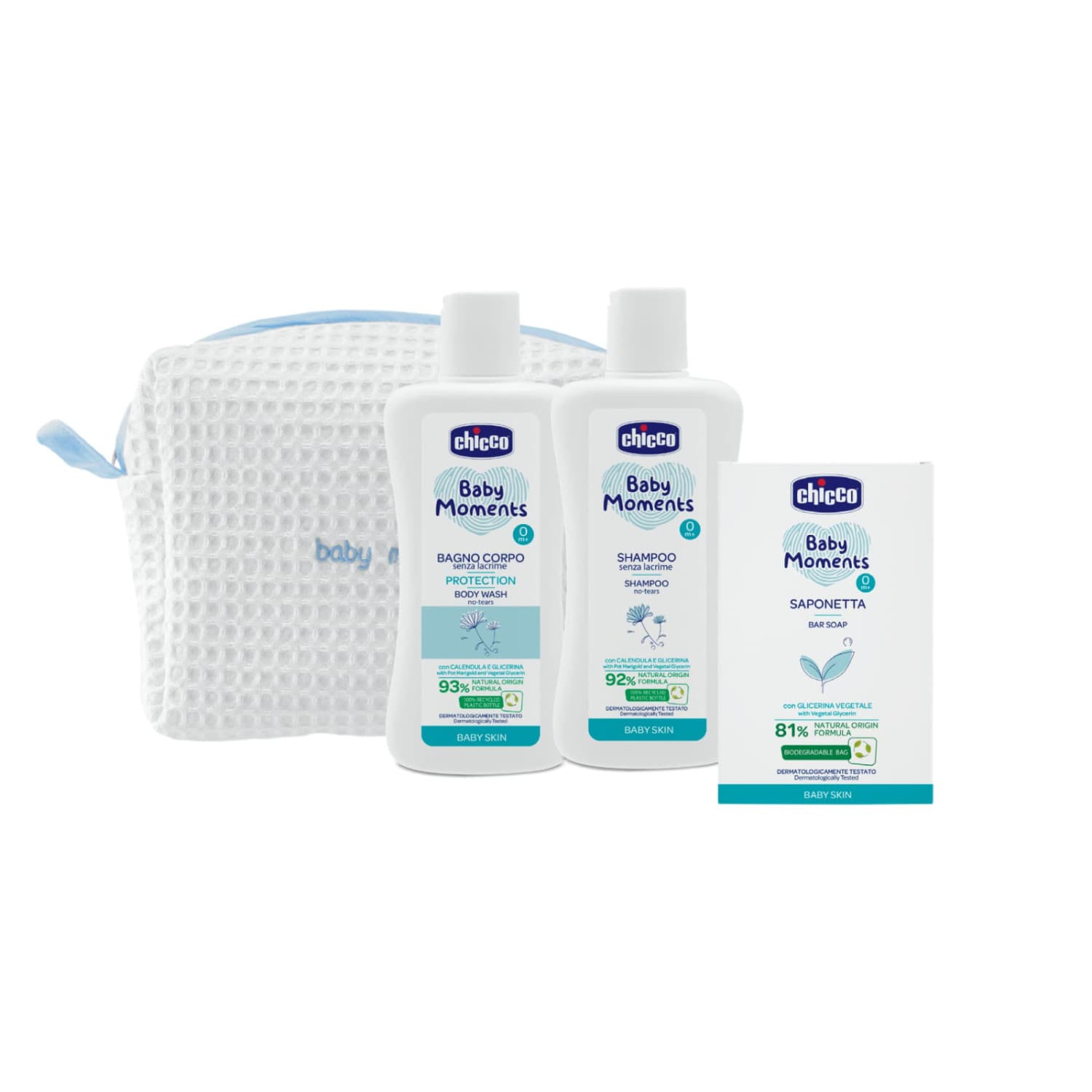 Chicco Baby Moments Beauty Bag Mit Reißverschluss Blau - Badeöl 200 Ml + Shampoo 200 Ml + Seife 100 G