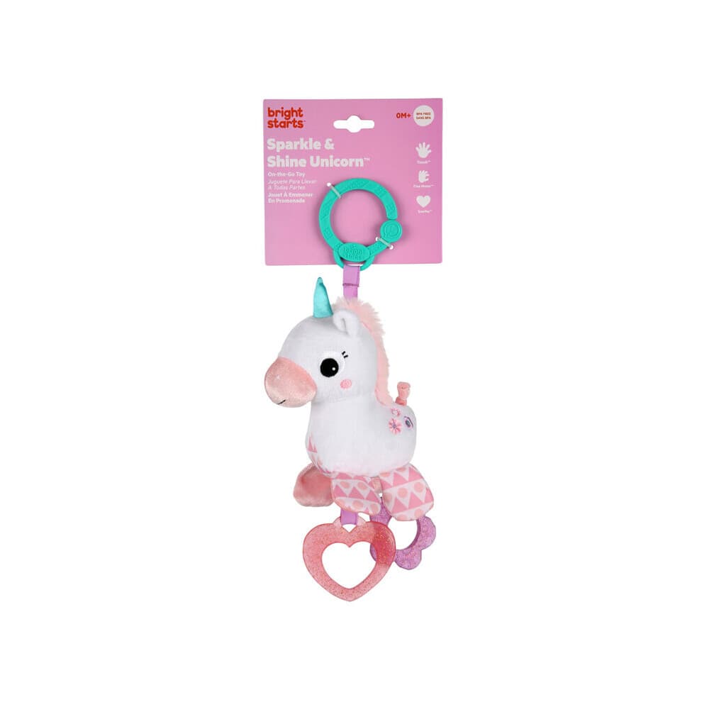 Bright Starts Unicorn Sparkle & Shine Plsch-Kinderwagen oder Tragespielzeug zum Mitnehmen, ab 0 Monaten, Rosa