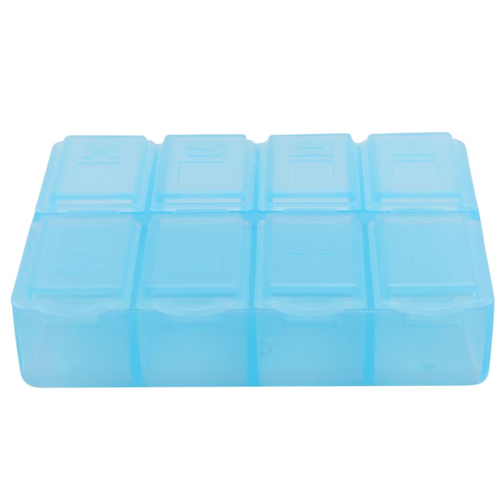Pillendose aus Kunststoff, rechteckig, 8 Fächer, Blau