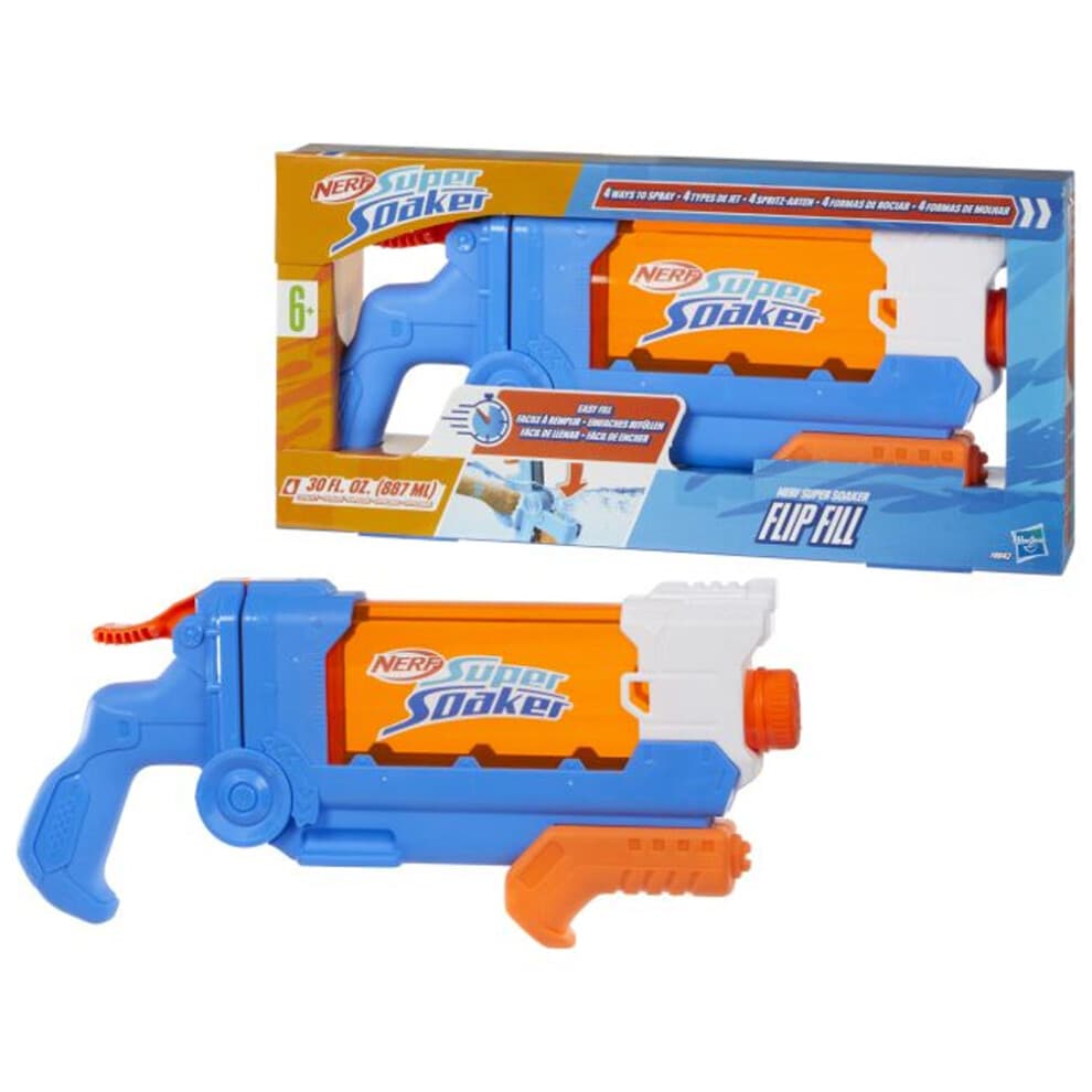 Nerf Super Soaker Flip Fill, Wasserpistole mit 4 Strahlarten, schnelles Befüllen, 887 mL Wasserkapazität, Spielzeug ab 6 Jahren