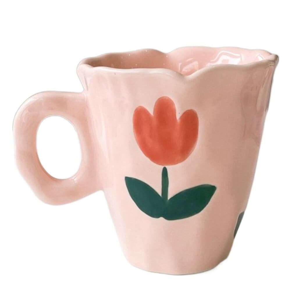 Handgefertigte Keramiktassen, handbemalt, Tulpen- und Wolkenmotiv, unregelmäßige Kaffeetasse für Tee, Milch, Geschenktasse (Pink)