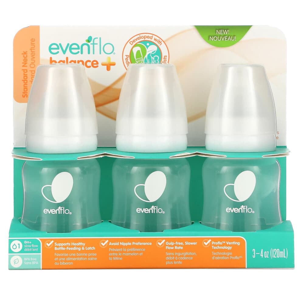Evenflo Feeding, Balance+ Flaschen, Standard, 0+ Monate, Langsamer Fluss, 3 Flaschen, je 4 oz (120 ml)